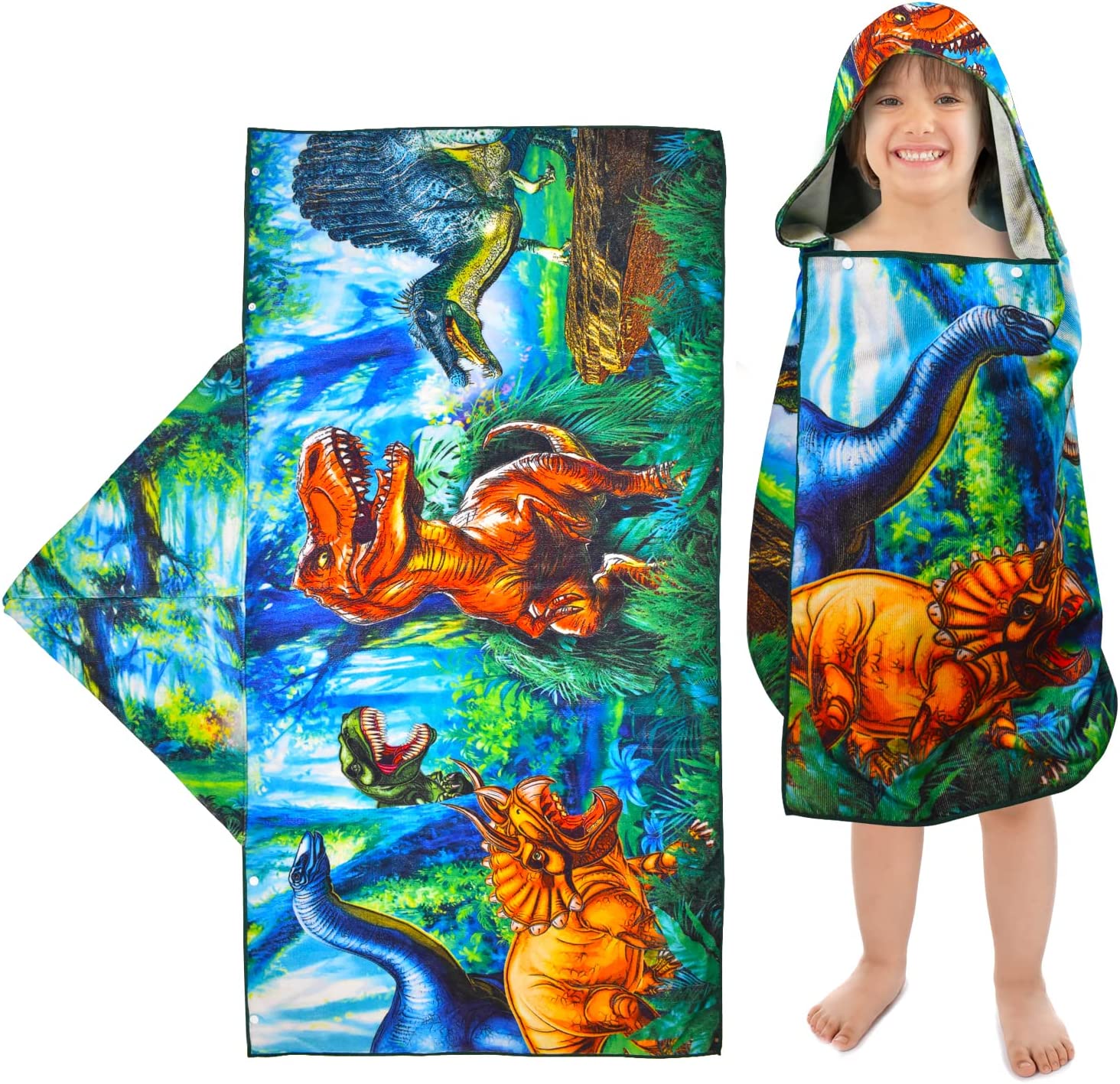 Beach Towel - Microfiber Beach Towels for Kids, Great for Beach, Bath, Swimming, Sports, Camping, Quick Fast Dry Sand Proof Super Soft Breathable and Lightweight Beach Towel (Dinosaur, Hooded Towel)