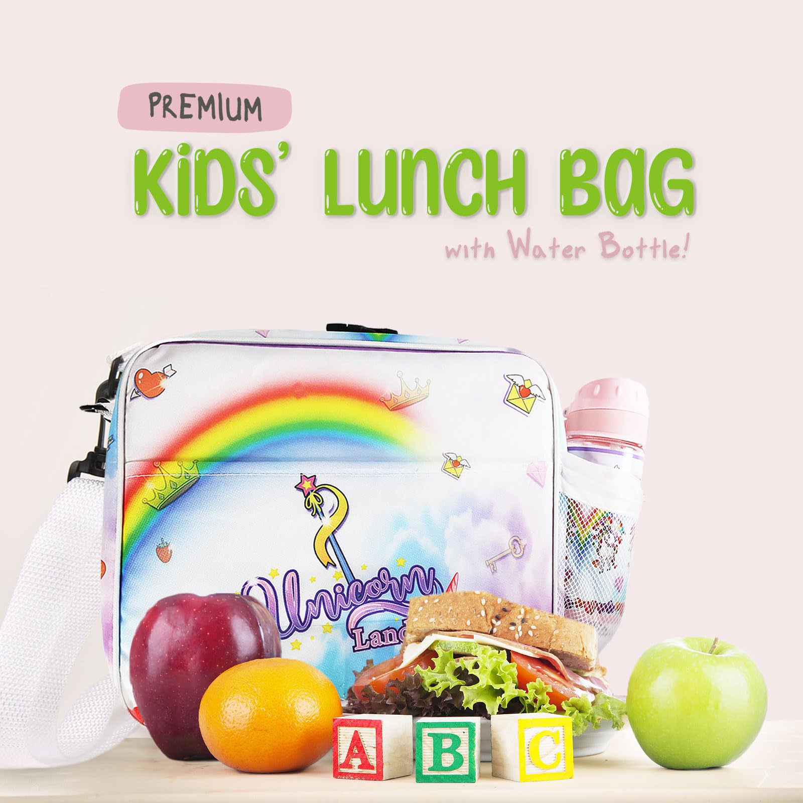 Kids’ Lunch Bag With Water Bottle By ToyToEnjoy- Insulated Lunch Bag With Adjustable Shoulder Strap  & Bottle Holder- Boys & Girls’ Thermal Meal Tote For School- Durable Lunch Box Set Unicorn