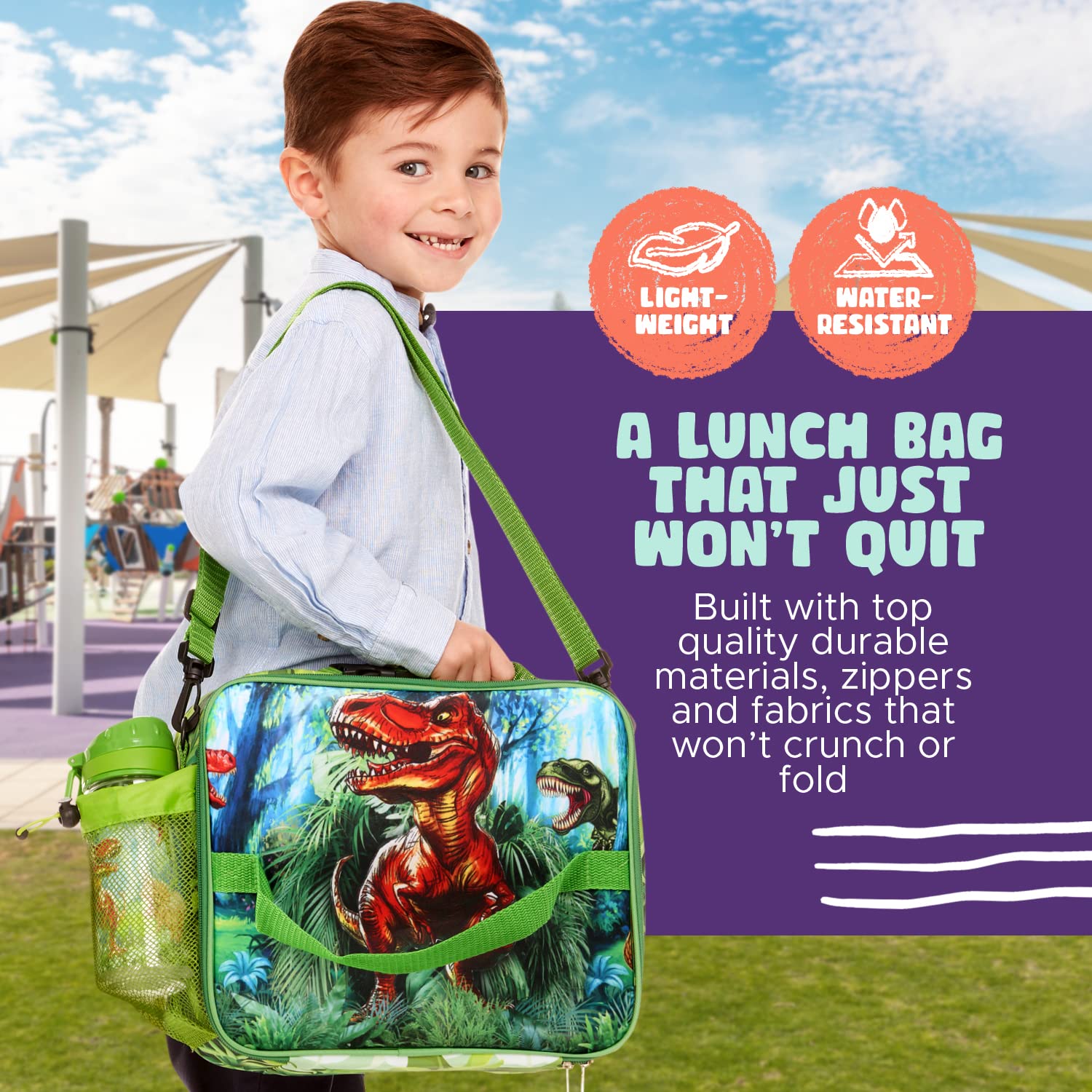 Kids’ Lunch Bag With Water Bottle By ToyToEnjoy- Insulated Lunch Bag With Adjustable Shoulder Strap  & Bottle Holder- Boys & Girls’ Thermal Meal Tote For School- Durable Lunch Box Set Dinosaur