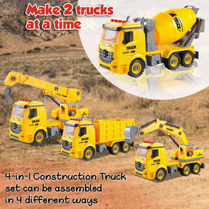 4-in-2 Take Apart Construction Truck Toy – Builds Dump Truck, Cement Mixer, Excavator & Crane – STEM Learning Toy & DIY Building Play Set for Kids Ages 6 In Up