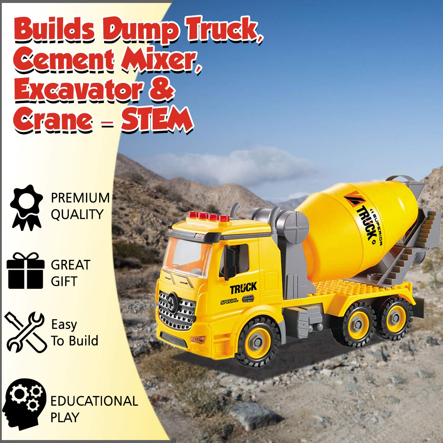 4-in-2 Take Apart Construction Truck Toy – Builds Dump Truck, Cement Mixer, Excavator & Crane – STEM Learning Toy & DIY Building Play Set for Kids Ages 6 In Up