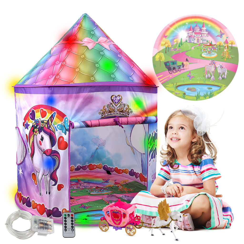 Unicorn Kids Tent - Sturdy, Large Play Tent Castle Set with Unicorn Chariot Toy & 8 Modes of Mystical LED Lights - Vibrant Playhouse for Kids Outdoor & Indoor Pretend Play & Activities
